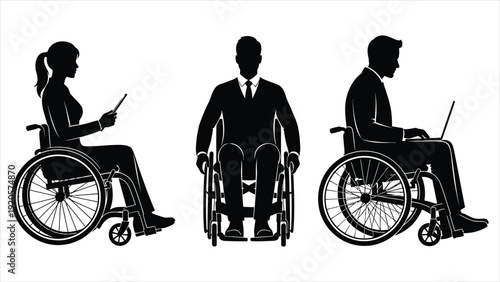 Set of black silhouettes depicting men and women in wheelchairs using laptops and tablets. Flat vector illustration highlighting inclusive business, workplace diversity, and accessibility