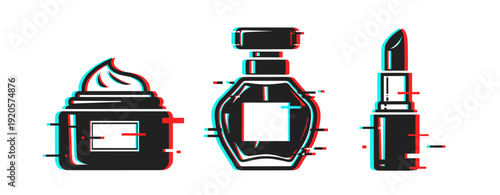 Abstract glitch art of cosmetic products: cream, perfume, lipstick in black and red