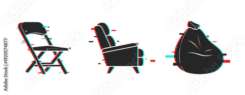 Stylized glitch art of folding chair, armchair, and bean bag