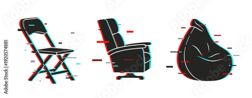 Trendy chairs: folding, recliner, and bean bag with glitch art style