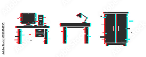 Retro glitch art of office furniture with computer, desk, and cabinet