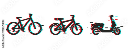 Glitch art of bicycle and scooter icons with digital distortion effects