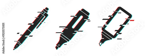 Set of three glitch art pens and markers with distorted effect
