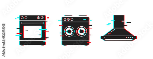 Glitch art of oven, washing machine, and range hood in minimalist style