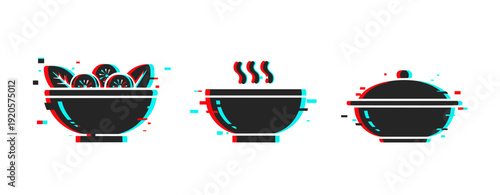 Glitch art of three bowls with salad, soup, and covered dish in digital style