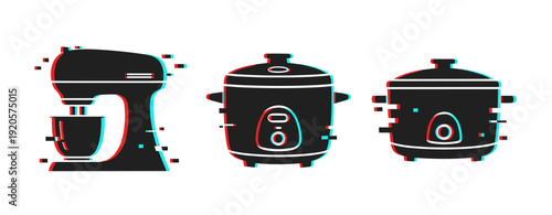 Glitch effect kitchen appliances: mixer and rice cookers in 3d anaglyph style