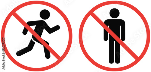 No Running And No Standing Prohibited Icon Set, Ban Activity Restriction Signs With Red Circle Slash, Public Safety Warning Symbols For Buildings Parks And Facilities, Minimal Flat Vector Illustration