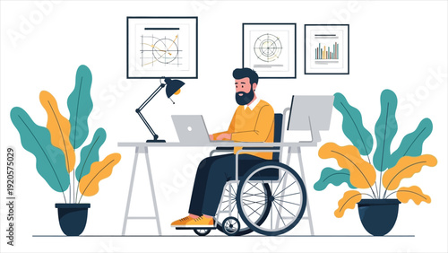 A cheerful man in a wheelchair working at his computer from home. This flat vector illustration highlights accessibility, remote work, and professional engagement, ideal for banners or web graphics