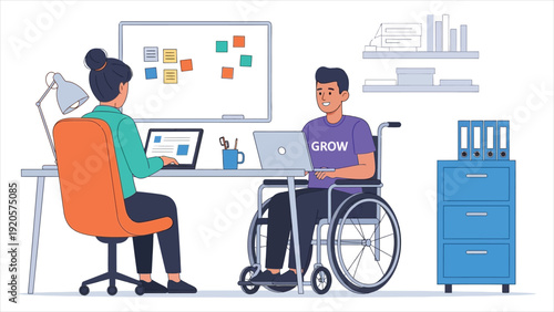 Business meeting in an office emphasizing inclusion and diversity. A diverse team collaborates on a project, featuring a woman and a man in wheelchairs working on laptops.