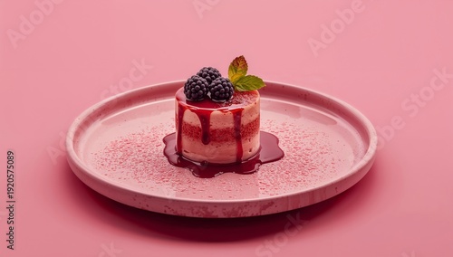 Delightful Dessert With Blackberries on Pink Plate in Simple Setting