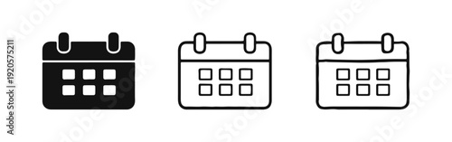 Calendar icon set. Date, schedule, and event planner symbol in solid, outline, and doodle styles.