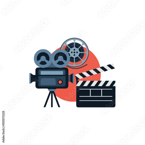 Professional movie camera and clapperboard illustration representing film production, directing process, video shooting, and cinematic workflow