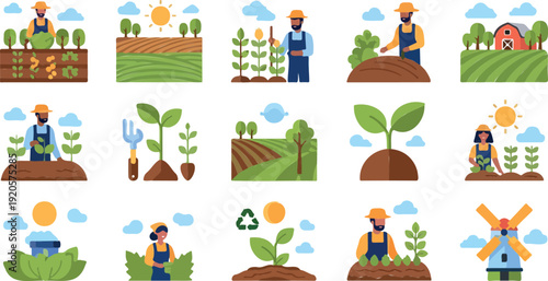 Happy farmers tending vibrant crops in lush garden, flat design vector illustration