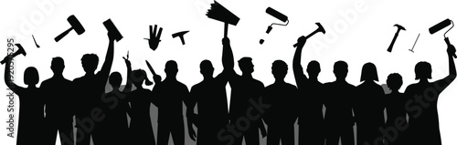 A dynamic silhouette of a diverse group of people holding up various tools like hammers, saws, and paint rollers, symbolizing construction and collective effort