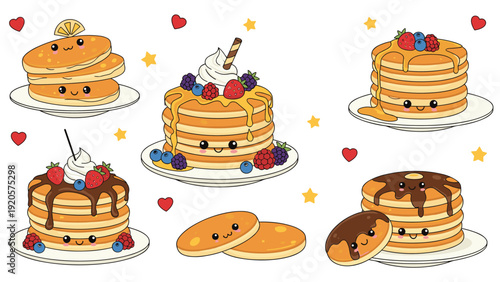 Variety of kawaii pancake stacks topped with delicious maple syrup, chocolate sauce, fresh berries, and whipped cream for breakfast time.