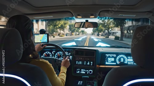 Autonomous car with woman driver navigating city streets using advanced augmented reality hud navigation system and digital dashboard showing futuristic vehicle data