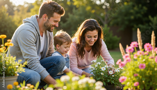 Family gardening together with flowers under sunlight in spring  