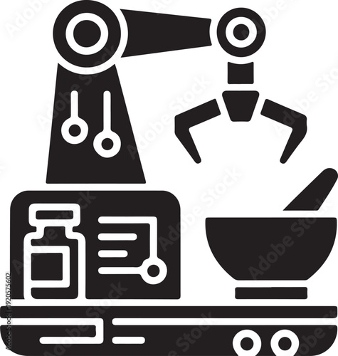 Robot chef cooking with futuristic kitchen tools and digital recipe book flat icon
