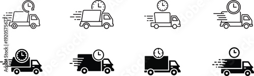 Delivery Truck Shipping Transport Logistics Fast Service Time Illustration Vector Icon Set.