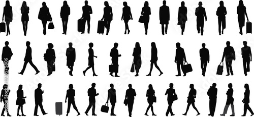 Diverse group of silhouettes of men and women in business attire walking with luggage and bags in a studio setting