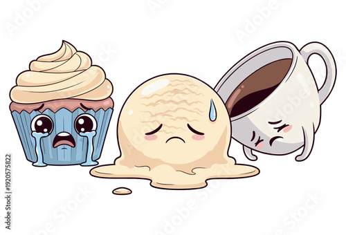 Sad dessert characters melting ice cream, crying cupcake, and spilled coffee isolated vector