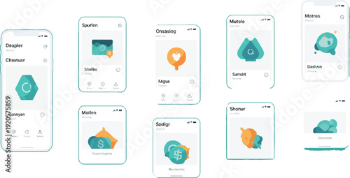 Various mobile application screens displaying financial and lifestyle interface elements are arranged across a white background.