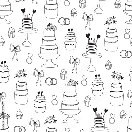 Hand drawn vector graphics round frame with empty space for text. Surrounding elements include candies, cotton candy, desserts, and various sweet treats.