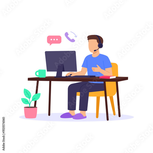 Work From Home, providing remote customer assistance, Flat vector character illustration