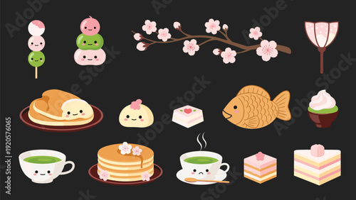 Traditional japanese sweets and tea set including dango, taiyaki, pancakes, and matcha tea decorated with pink cherry blossom flowers.