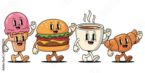 Retro cartoon characters of food items walking and waving with a cheerful expression