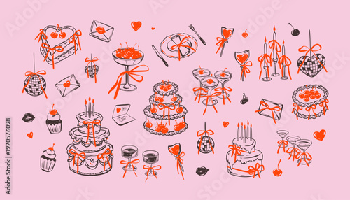 Set of happy birthday design elements ketch doodle drawings. Birthday cake, bow decoration, disco ball icons. Coquette whimsical style cherry dessert. Heart shape disco ball. Bachelorette party