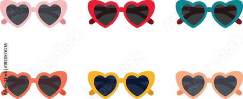 Heart Sunglasses Fashion Eyewear Love Romantic Summer Style Illustration Vector Icon Set.