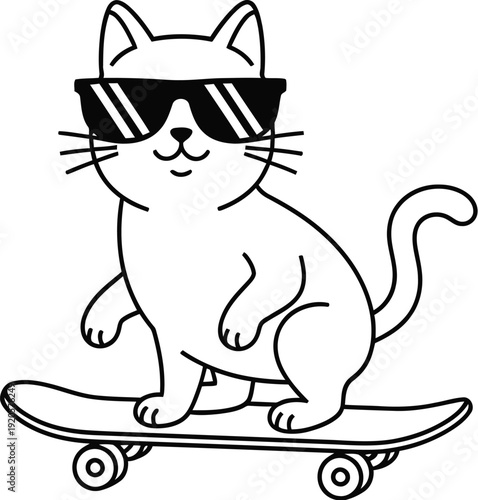 Cartoon cat wearing stylish sunglasses confidently rides a skateboard, embodying a cool and playful attitude.