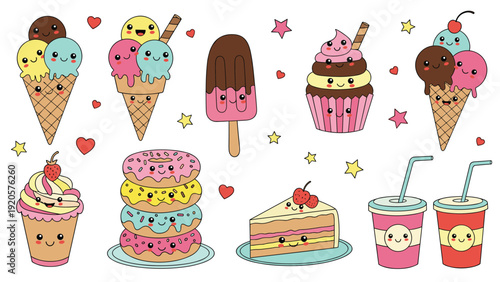 Huge assortment of kawaii sweet treats including ice cream cones, donuts, cupcakes, and sodas with happy cartoon faces and stars.