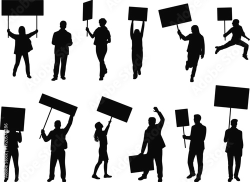 Silhouettes of diverse individuals holding protest signs and banners in a dynamic demonstration or rally