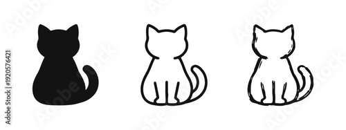 Sitting cat icon set. Pet animal silhouette and outline symbols in solid, outline, and hand-drawn styles.