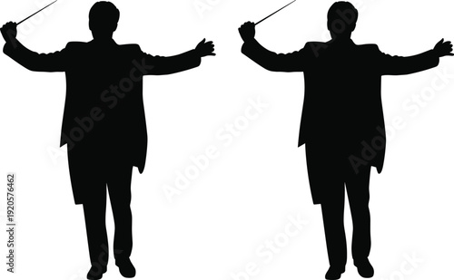 Two black silhouettes of conductors in formal attire holding batons with arms outstretched orchestra