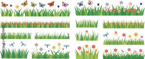 Whimsical collection of cartoon-style grass borders adorned with colorful butterflies, ladybugs, dragonflies, and cheerful flowers in a playful arrangement
