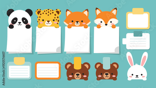 Cute animals like a panda, leopard, and fox holding blank paper notes and sticky tabs for organizational and stationery purposes.
