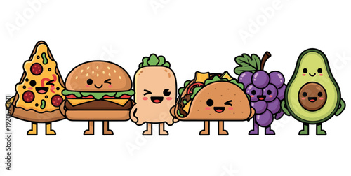 Happy cartoon food characters standing together smiling and winking on white background