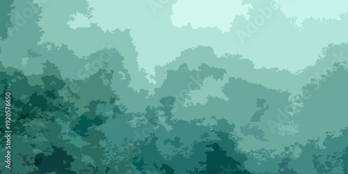 Vector Abstract, minimalist artistic depiction of layered aqua-green shapes creating an ethereal, atmospheric landscape, evoking a sense of tranquility, depth. Design