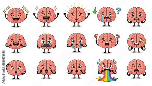 Set of fifteen human brain characters displaying a wide range of emotions and physical states including happiness, sadness, and nausea.