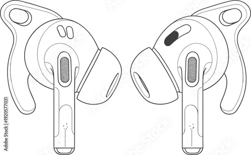 Wireless in-ear headphones vector illustration featuring detailed ergonomic earbud line art for audio technology user manuals music accessory documentation and IT product graphics