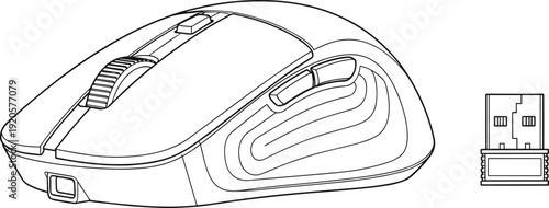 Wireless computer mouse vector illustration with USB receiver featuring detailed ergonomic line art for technology user manuals peripheral hardware documentation and IT support graphics