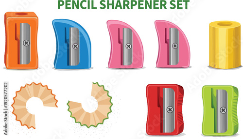 Colorful pencil sharpener vector set featuring manual plastic sharpeners in orange blue pink red and green with realistic wood shavings for school supplies and stationery design