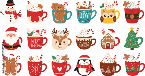 Christmas hot cocoa mug vector collection featuring cute snowman santa claus penguin and gingerbread characters with whipped cream marshmallows and candy canes for festive holiday designs