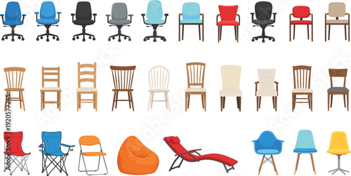 Comprehensive chair vector set featuring ergonomic office chairs wooden dining chairs folding camping seats and modern lounge furniture for interior design and floor plan mockups