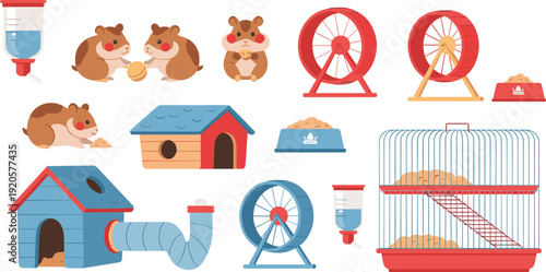 Cute pet hamster vector set featuring brown hamsters with cages exercise wheels hideout houses and feeding accessories for pet store branding and small animal care guides