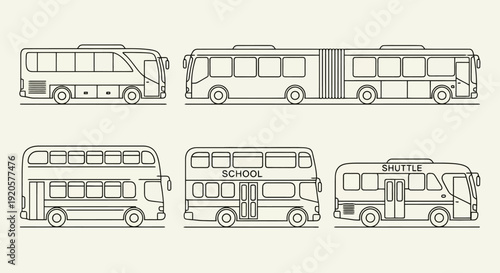 Collection of various bus illustrations in line art style.