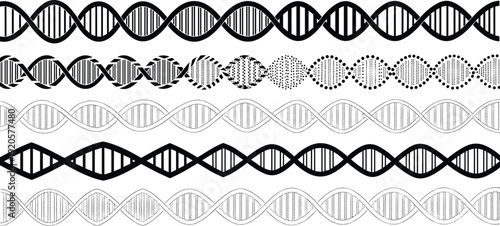 DNA double helix vector set featuring various genetic strand designs with stippling line art and geometric patterns for biotechnology science education and medical research